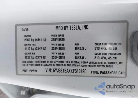 2019 Tesla Model 3 Long Range/Mid Range/Standard Range/Standard Range Plus z USA, uszkodzony, nr VIN 5YJ3E1EAXKF310120